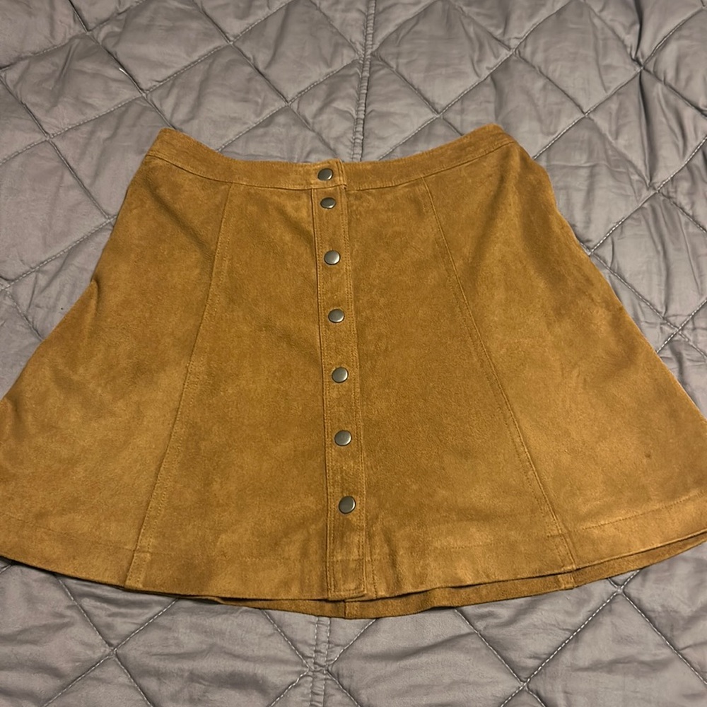Abercrombie faux suede tan button snap mini skirt flare brown